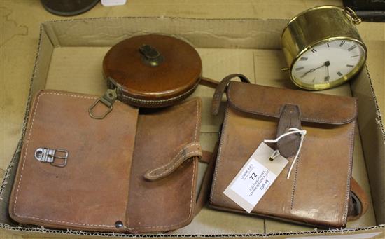 2 leather pouches, leather measure & clock